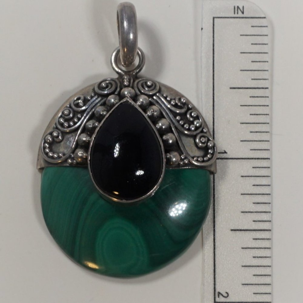 Vintage Natural Malachite Onyx Silver Pendant